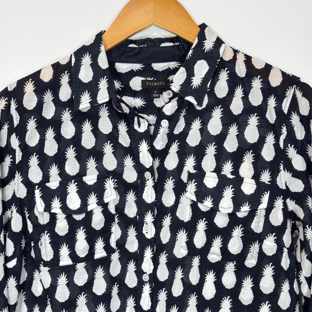 Talbots Button Down Women S Navy Pineapple Print Long Sleeve Cotton Blouse Top - Picture 2 of 9